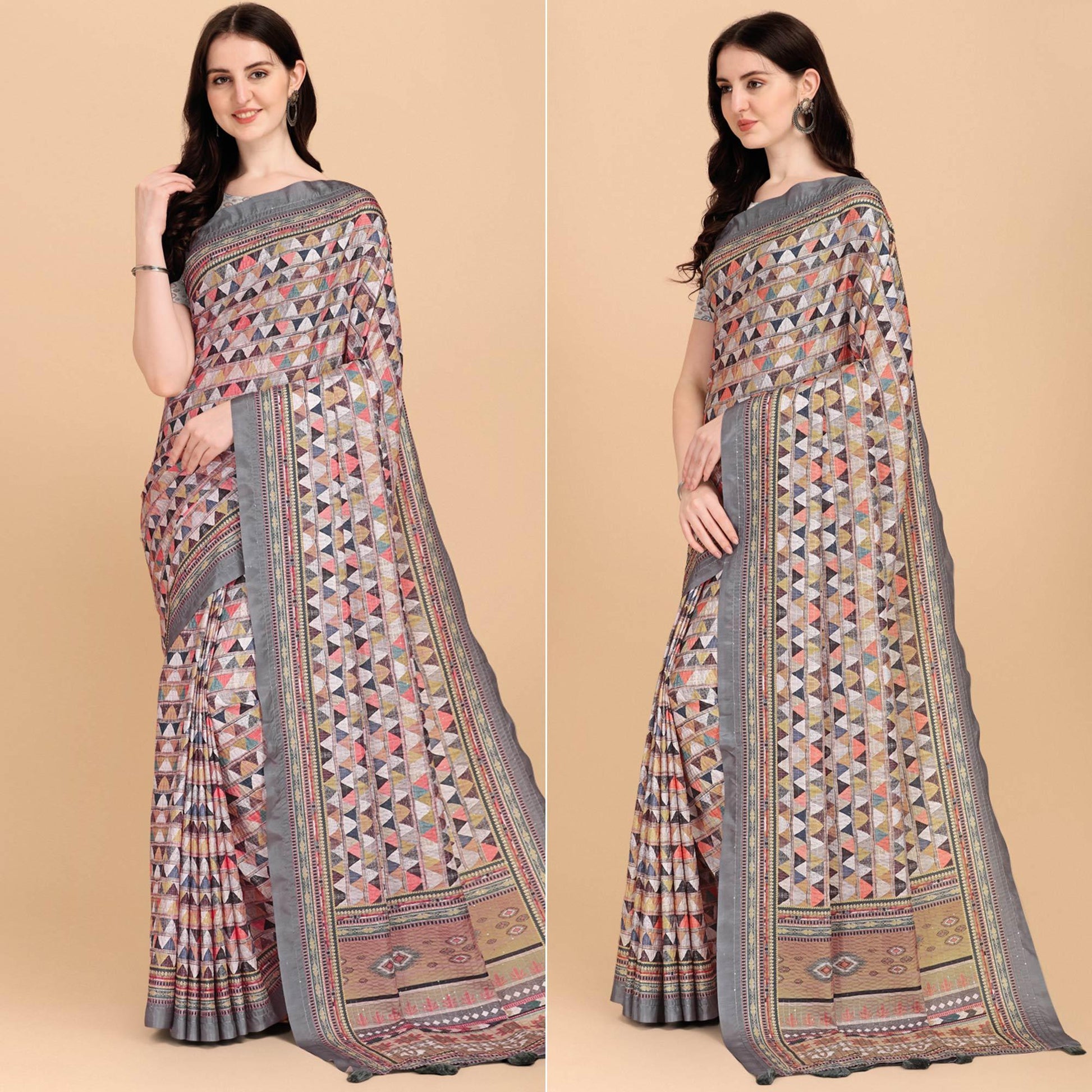 Grey Printed With Sequins Embroidered Cotton Silk Saree