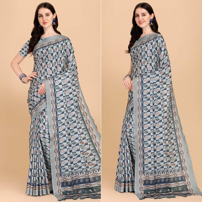 Grey Printed With Sequins Embroidered Cotton Silk Saree