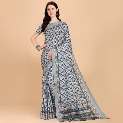 Grey Printed With Sequins Embroidered Cotton Silk Saree