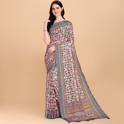 Grey Printed With Sequins Embroidered Cotton Silk Saree