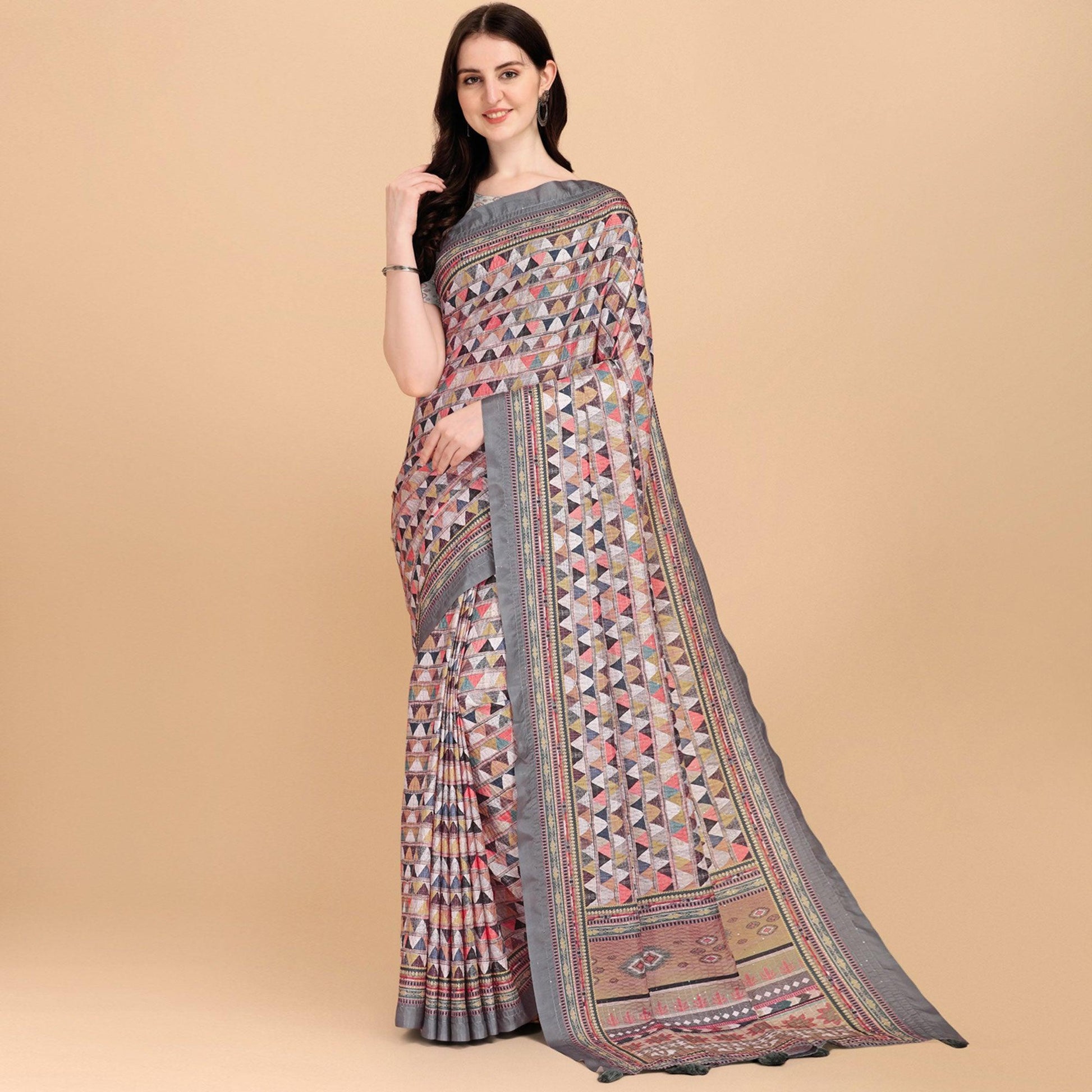 Grey Printed With Sequins Embroidered Cotton Silk Saree
