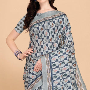 Grey Printed With Sequins Embroidered Cotton Silk Saree