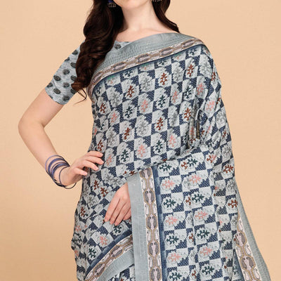 Grey Printed With Sequins Embroidered Cotton Silk Saree