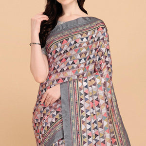 Grey Printed With Sequins Embroidered Cotton Silk Saree