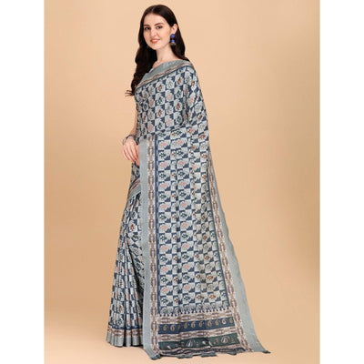 Grey Printed With Sequins Embroidered Cotton Silk Saree