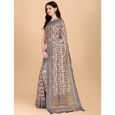 Grey Printed With Sequins Embroidered Cotton Silk Saree