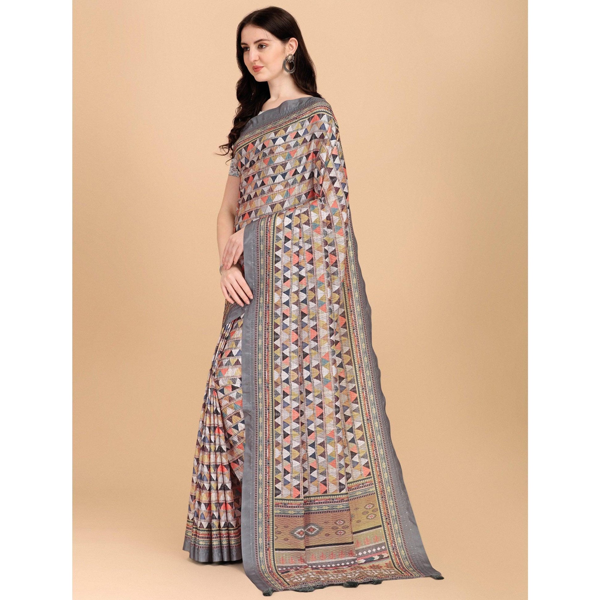Grey Printed With Sequins Embroidered Cotton Silk Saree