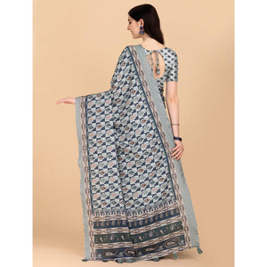 Grey Printed With Sequins Embroidered Cotton Silk Saree