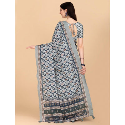 Grey Printed With Sequins Embroidered Cotton Silk Saree
