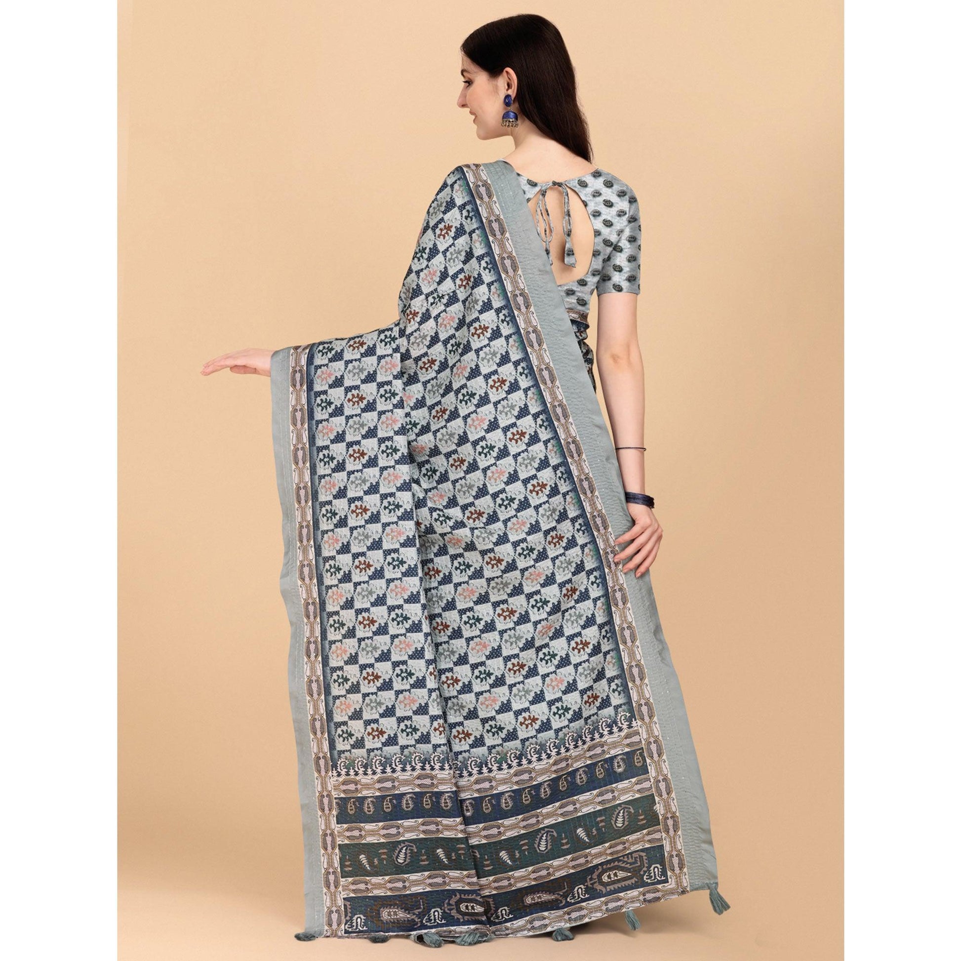Grey Printed With Sequins Embroidered Cotton Silk Saree