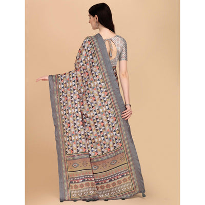 Grey Printed With Sequins Embroidered Cotton Silk Saree