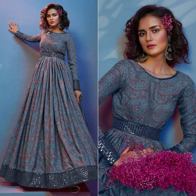 Grey Printed With Sequins Pure Silk Anarkali Style Gown