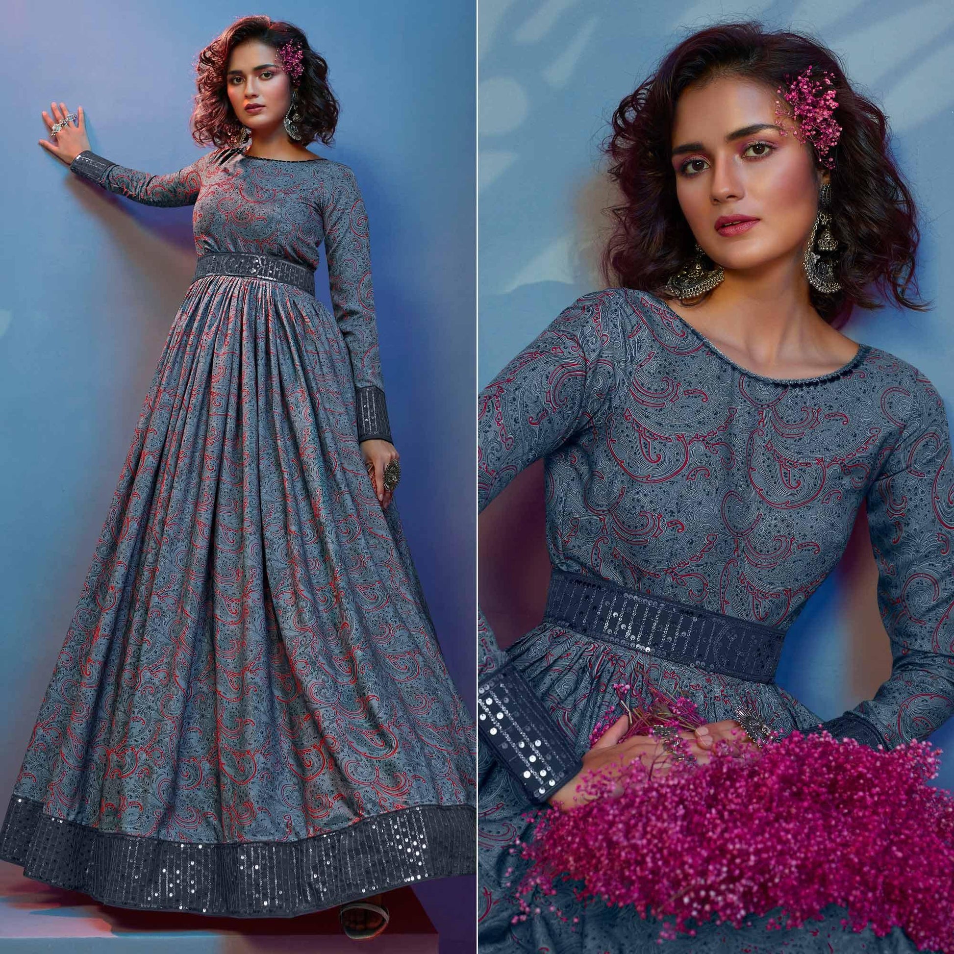 Grey Printed With Sequins Pure Silk Anarkali Style Gown