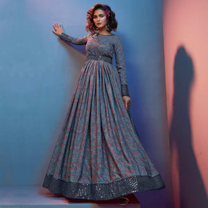 Grey Printed With Sequins Pure Silk Anarkali Style Gown