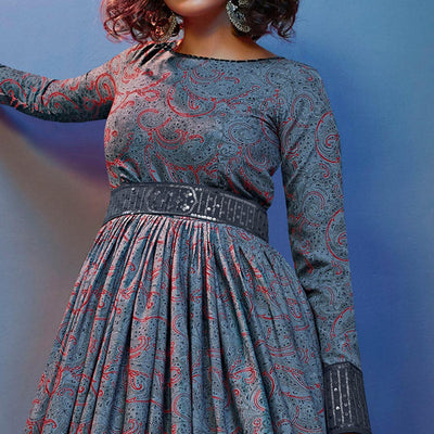 Grey Printed With Sequins Pure Silk Anarkali Style Gown