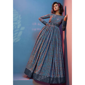 Grey Printed With Sequins Pure Silk Anarkali Style Gown