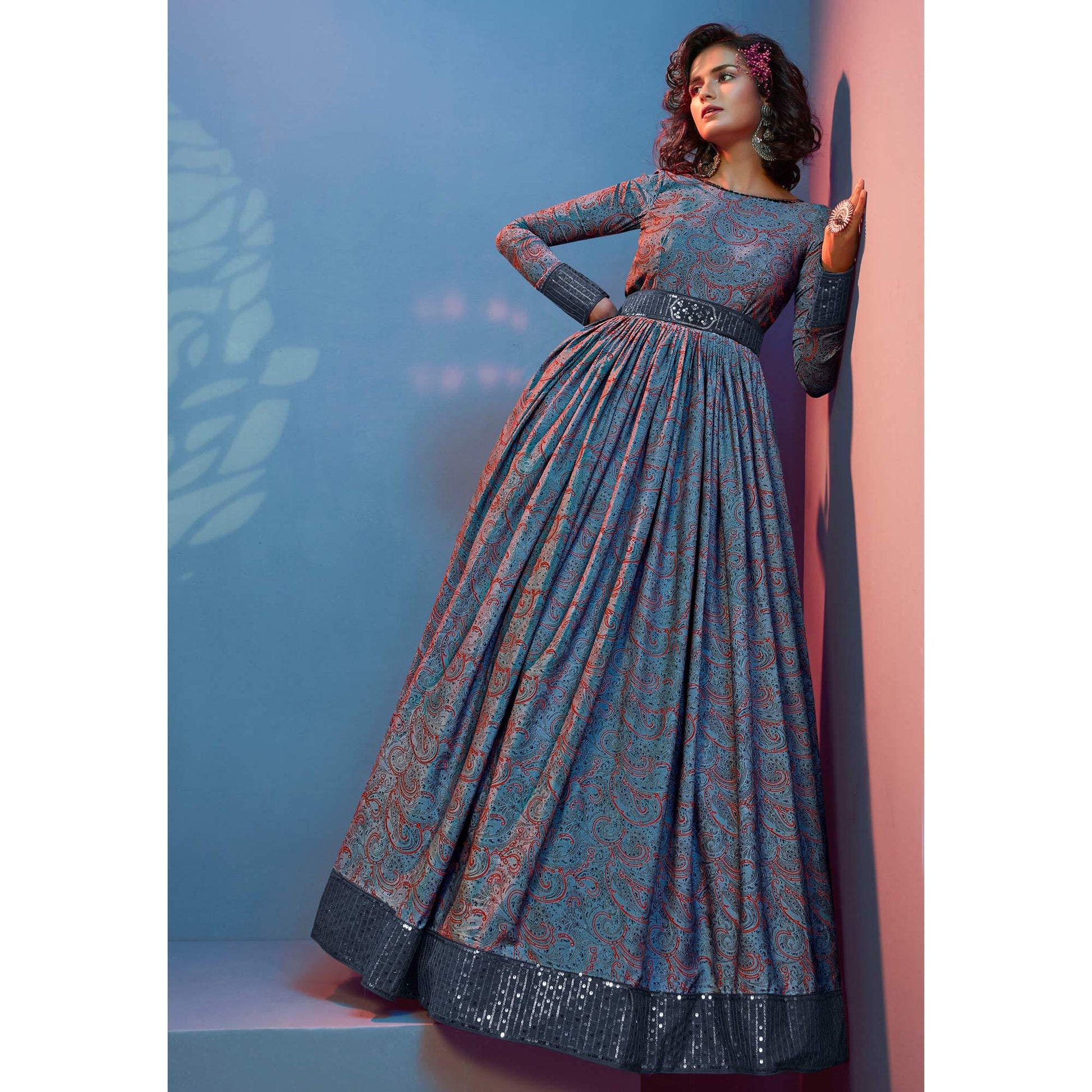 Grey Printed With Sequins Pure Silk Anarkali Style Gown