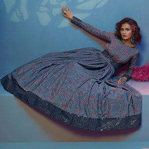 Grey Printed With Sequins Pure Silk Anarkali Style Gown