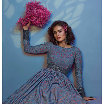 Grey Printed With Sequins Pure Silk Anarkali Style Gown