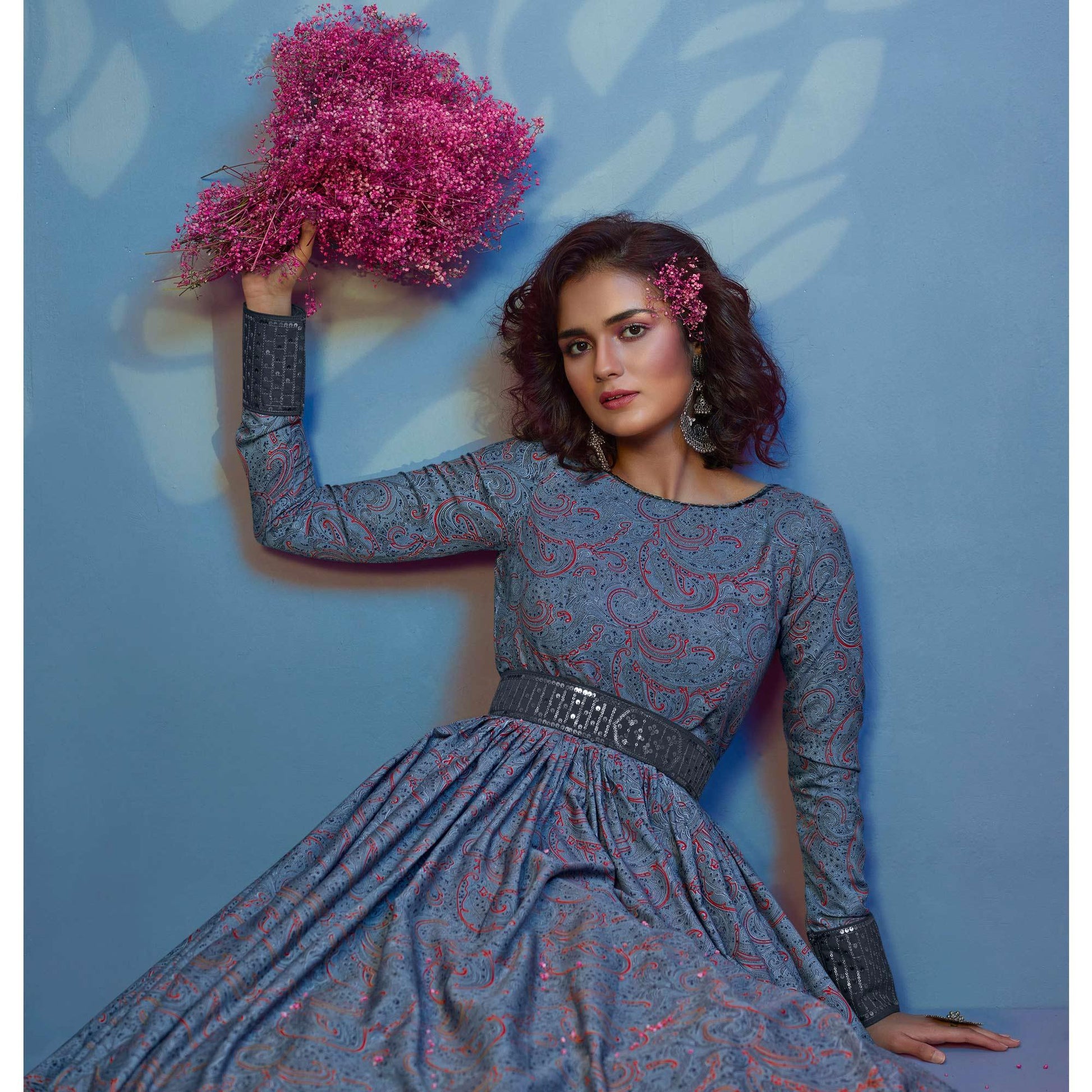 Grey Printed With Sequins Pure Silk Anarkali Style Gown