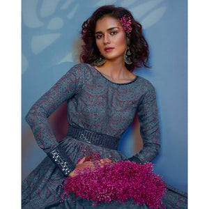 Grey Printed With Sequins Pure Silk Anarkali Style Gown