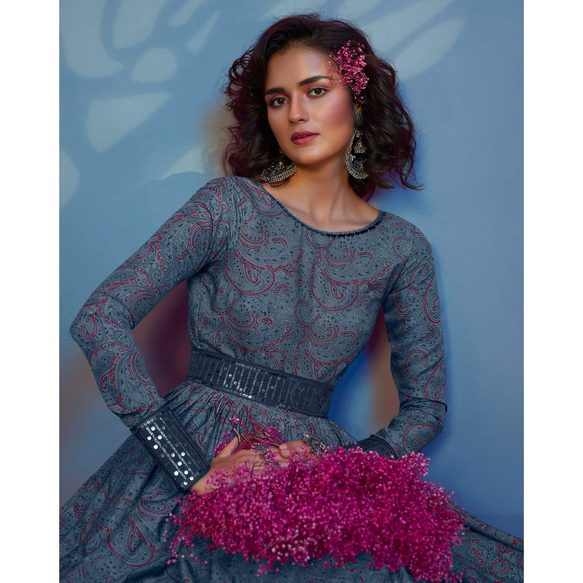 Grey Printed With Sequins Pure Silk Anarkali Style Gown