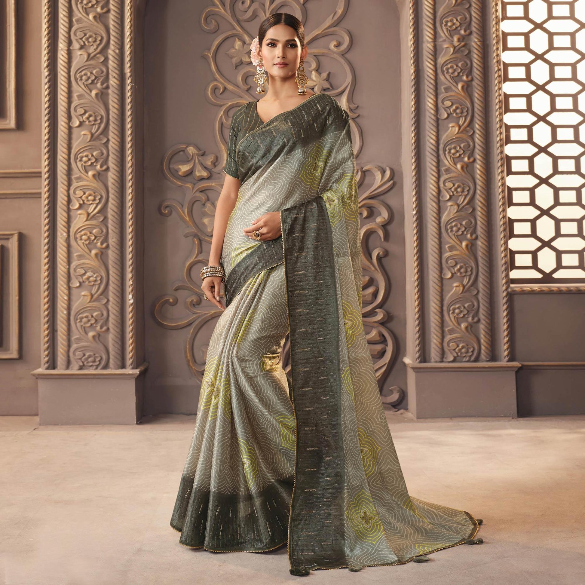 Grey Printed With Sequins Work Organza Saree