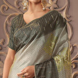 Grey Printed With Sequins Work Organza Saree