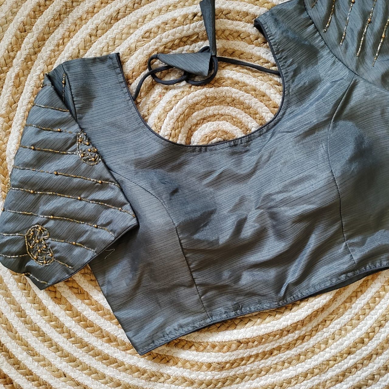 Grey Pure Silk Blouse with Handcrafted Sleeves and Back Opening