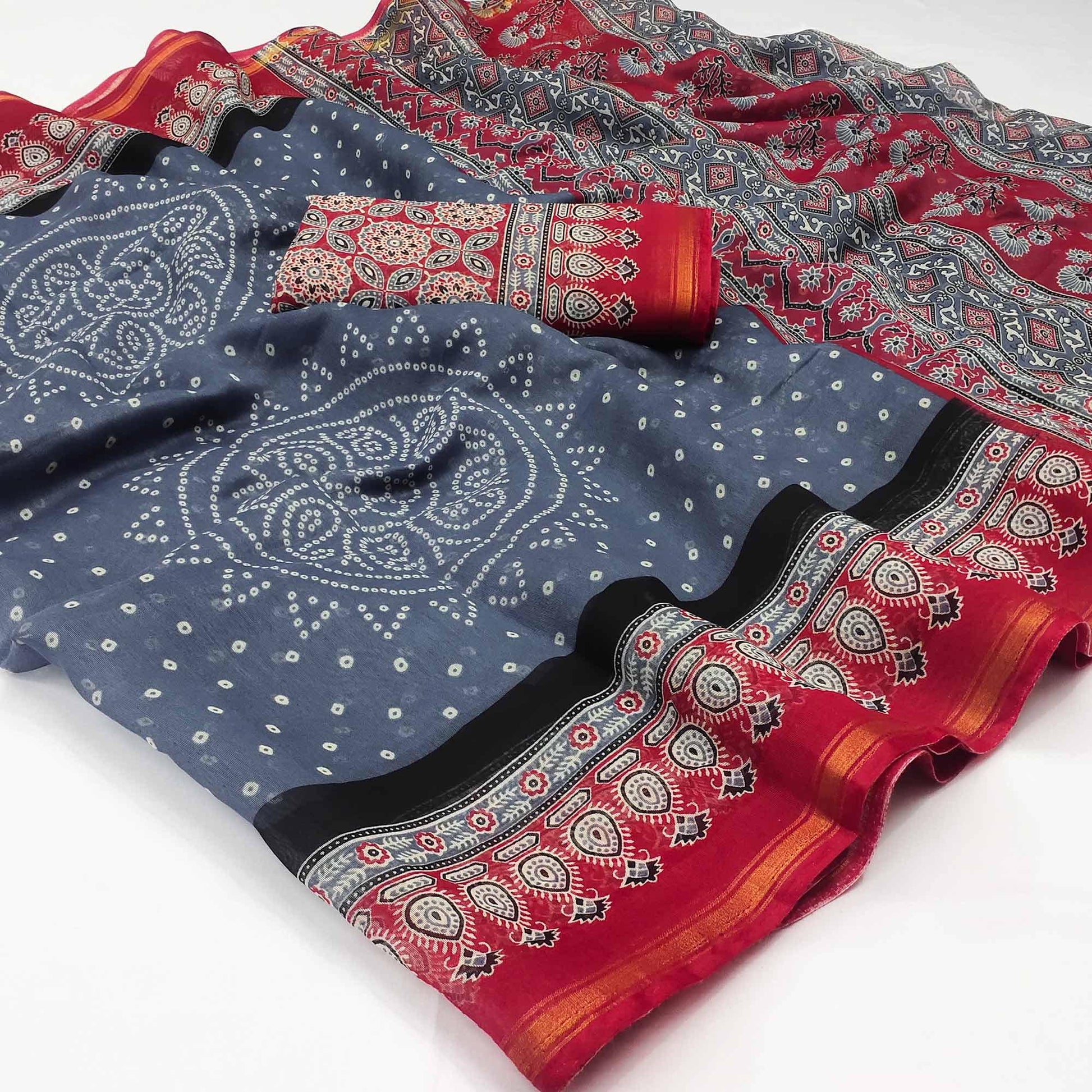 Grey-Red Bandhani Printed Cotton Blend Saree