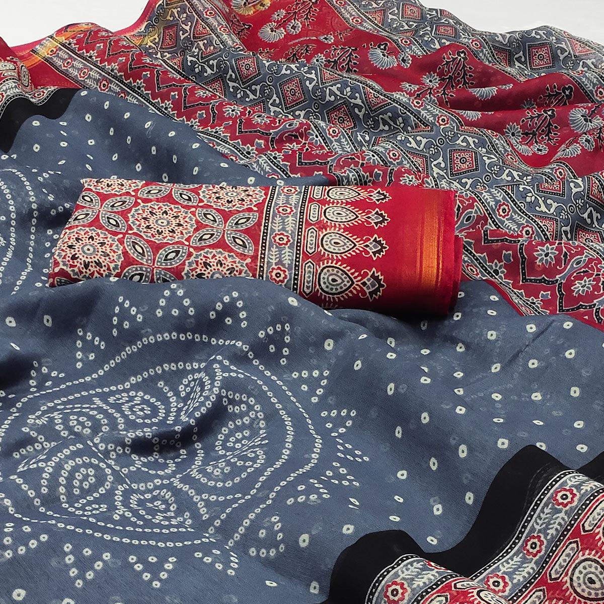 Grey-Red Bandhani Printed Cotton Blend Saree