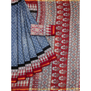 Grey-Red Bandhani Printed Cotton Blend Saree