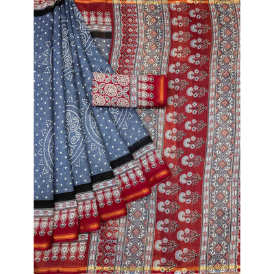Grey-Red Bandhani Printed Cotton Blend Saree