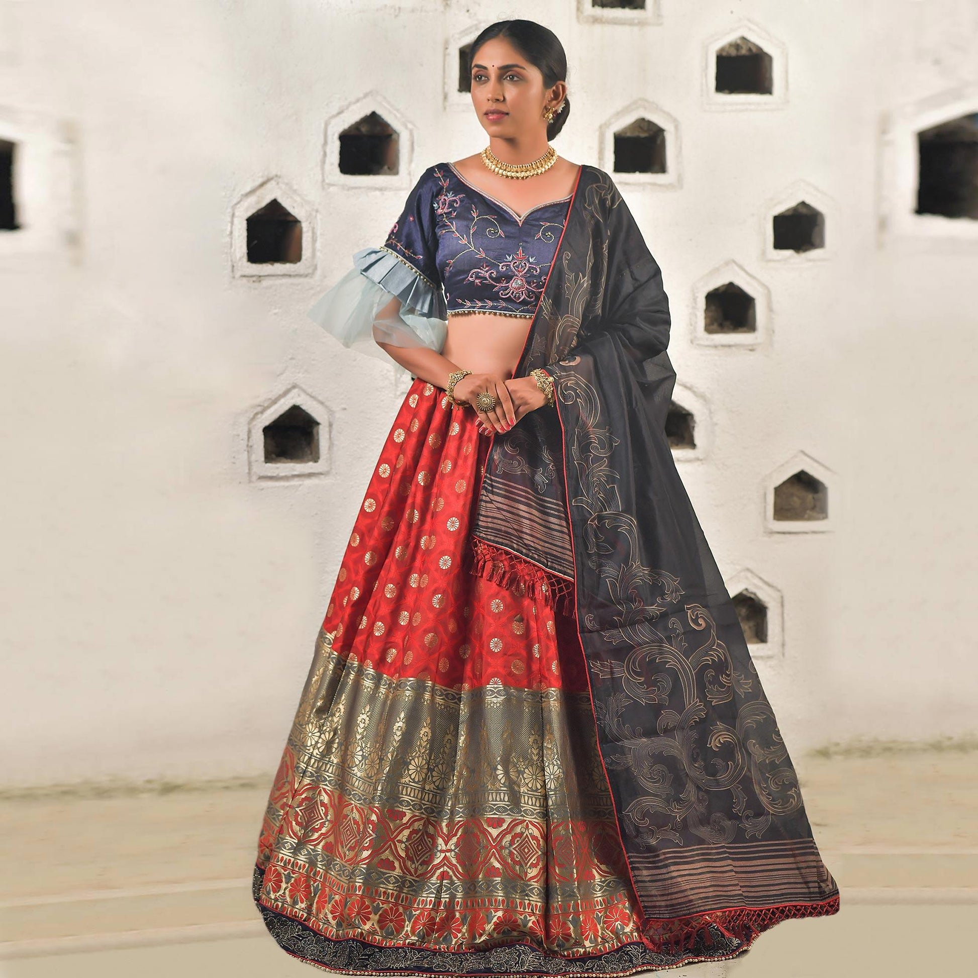 Grey-Red Festive Wear Cutdana With Resham & Zardosi Work Banarasi Art Silk Lehenga Choli