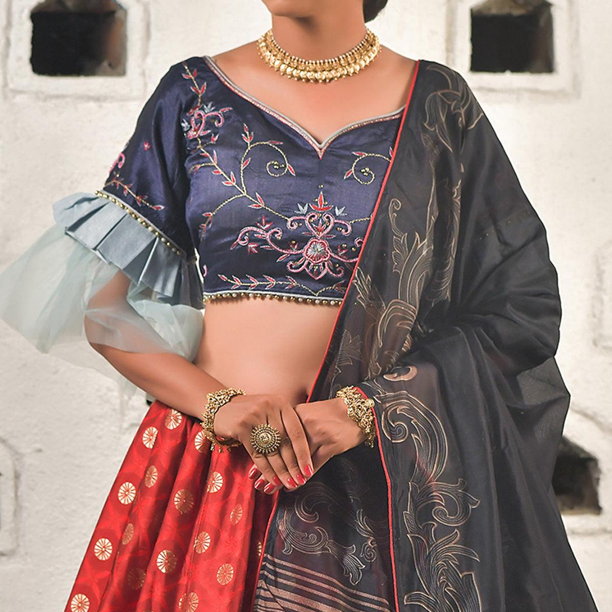 Grey-Red Festive Wear Cutdana With Resham & Zardosi Work Banarasi Art Silk Lehenga Choli