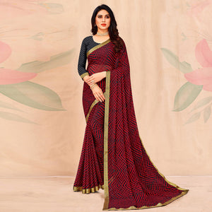 Grey-Red Geometric Printed Chiffon Saree