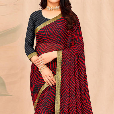 Grey-Red Geometric Printed Chiffon Saree