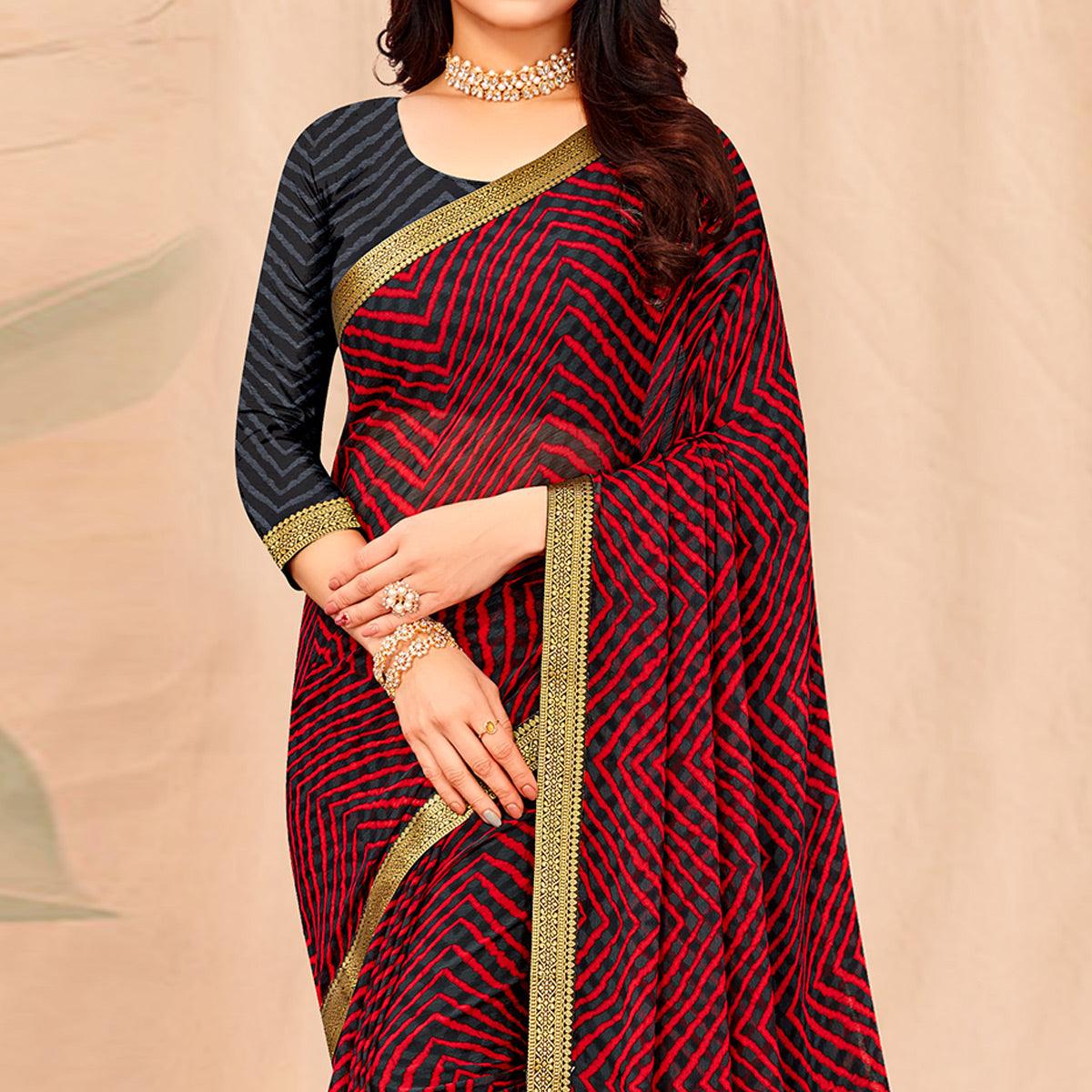Grey-Red Geometric Printed Chiffon Saree