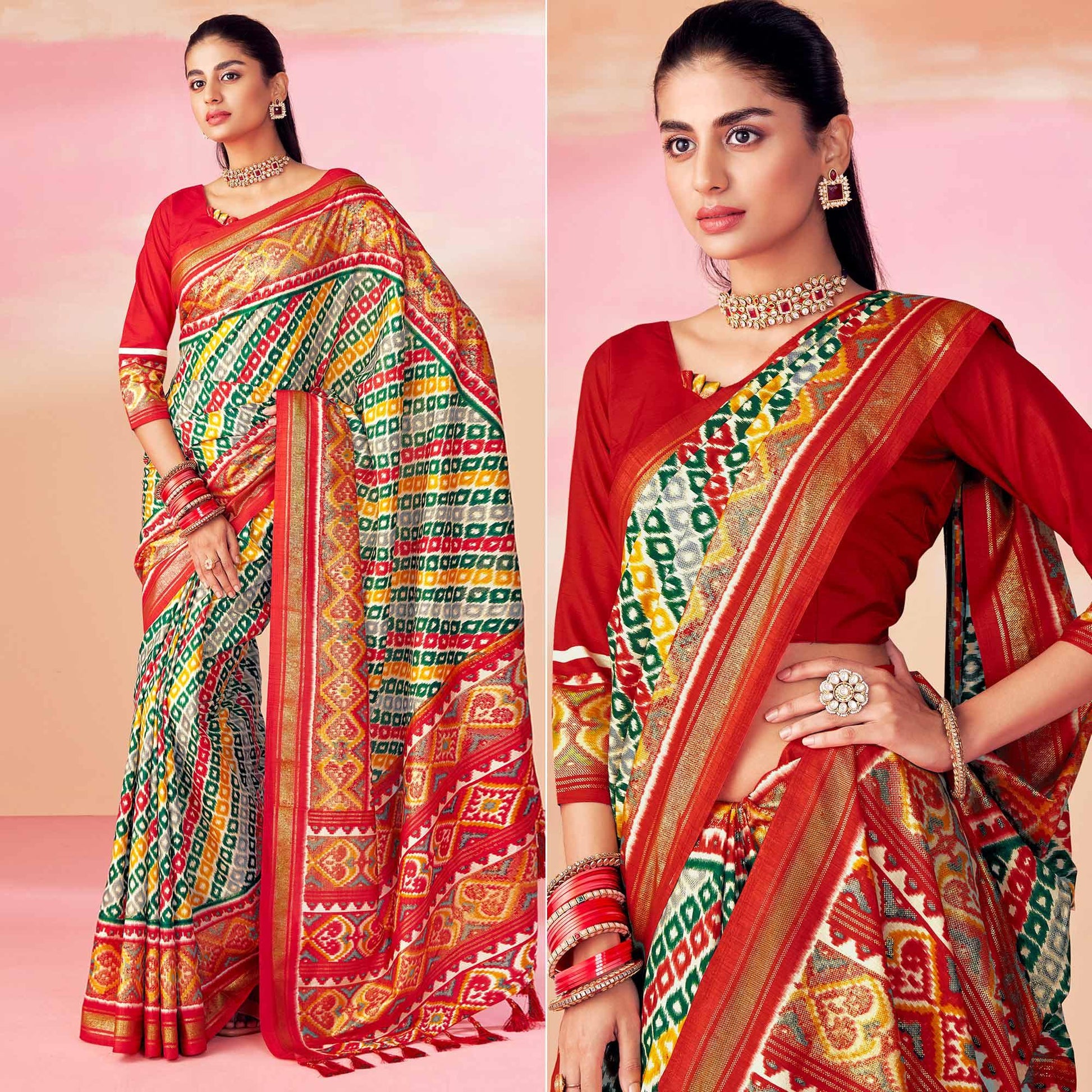 Grey-Red Patola Printed Art Silk Saree With Tassels