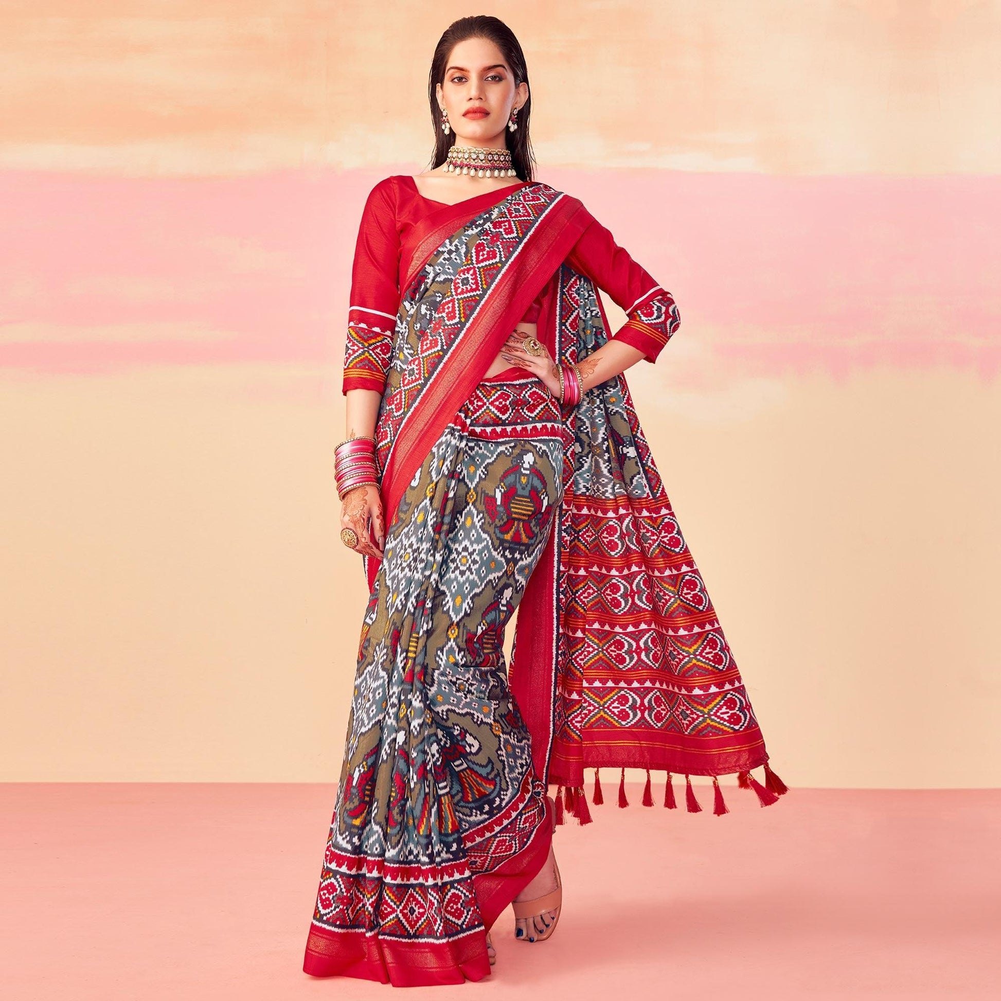 Grey-Red Patola Printed Art Silk Saree With Tassels