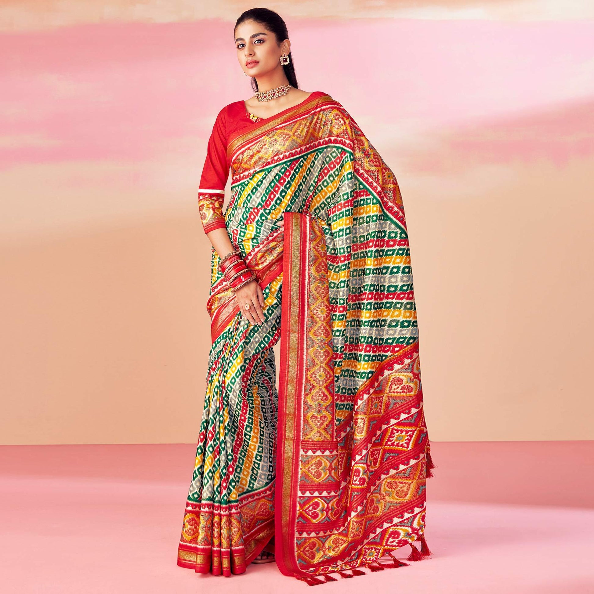 Grey-Red Patola Printed Art Silk Saree With Tassels