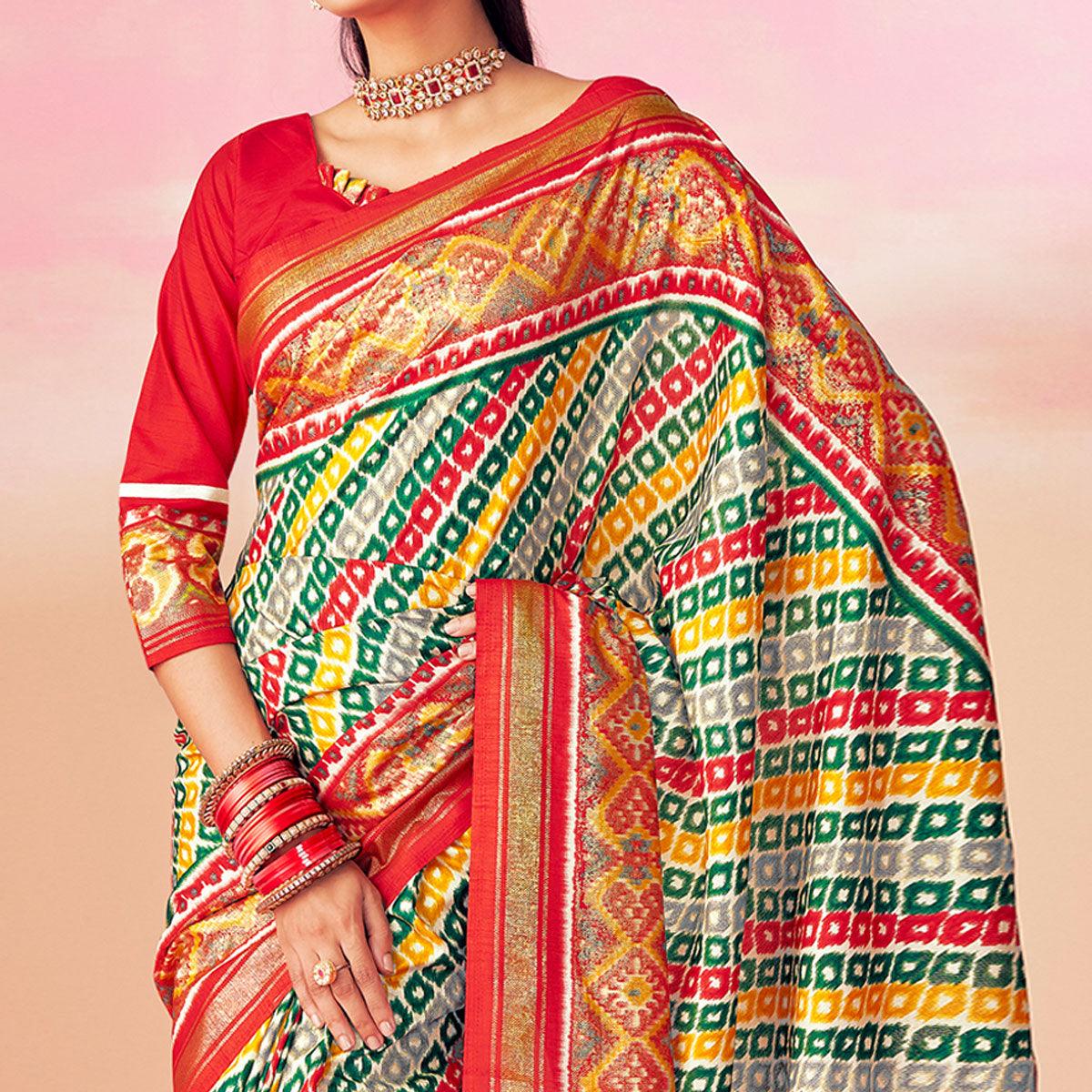 Grey-Red Patola Printed Art Silk Saree With Tassels