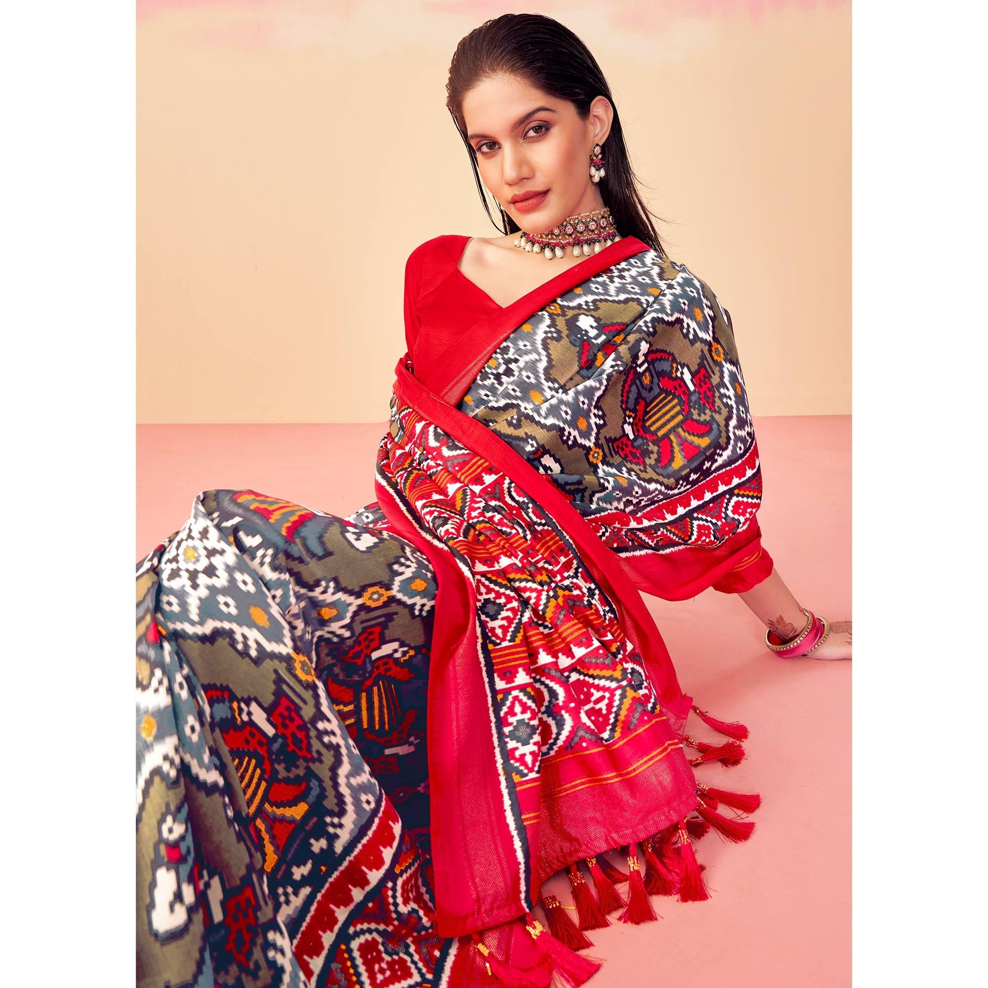 Grey-Red Patola Printed Art Silk Saree With Tassels