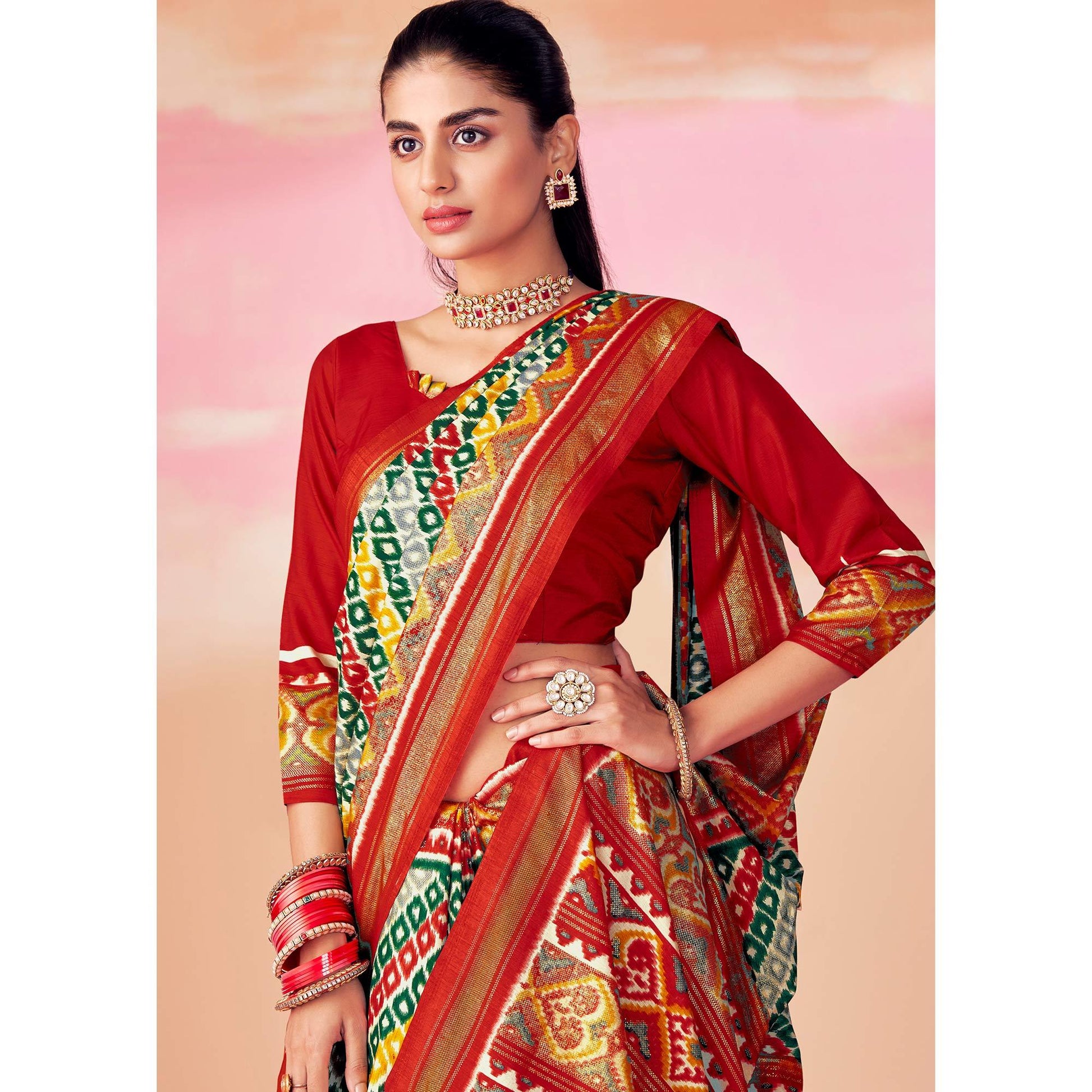 Grey-Red Patola Printed Art Silk Saree With Tassels