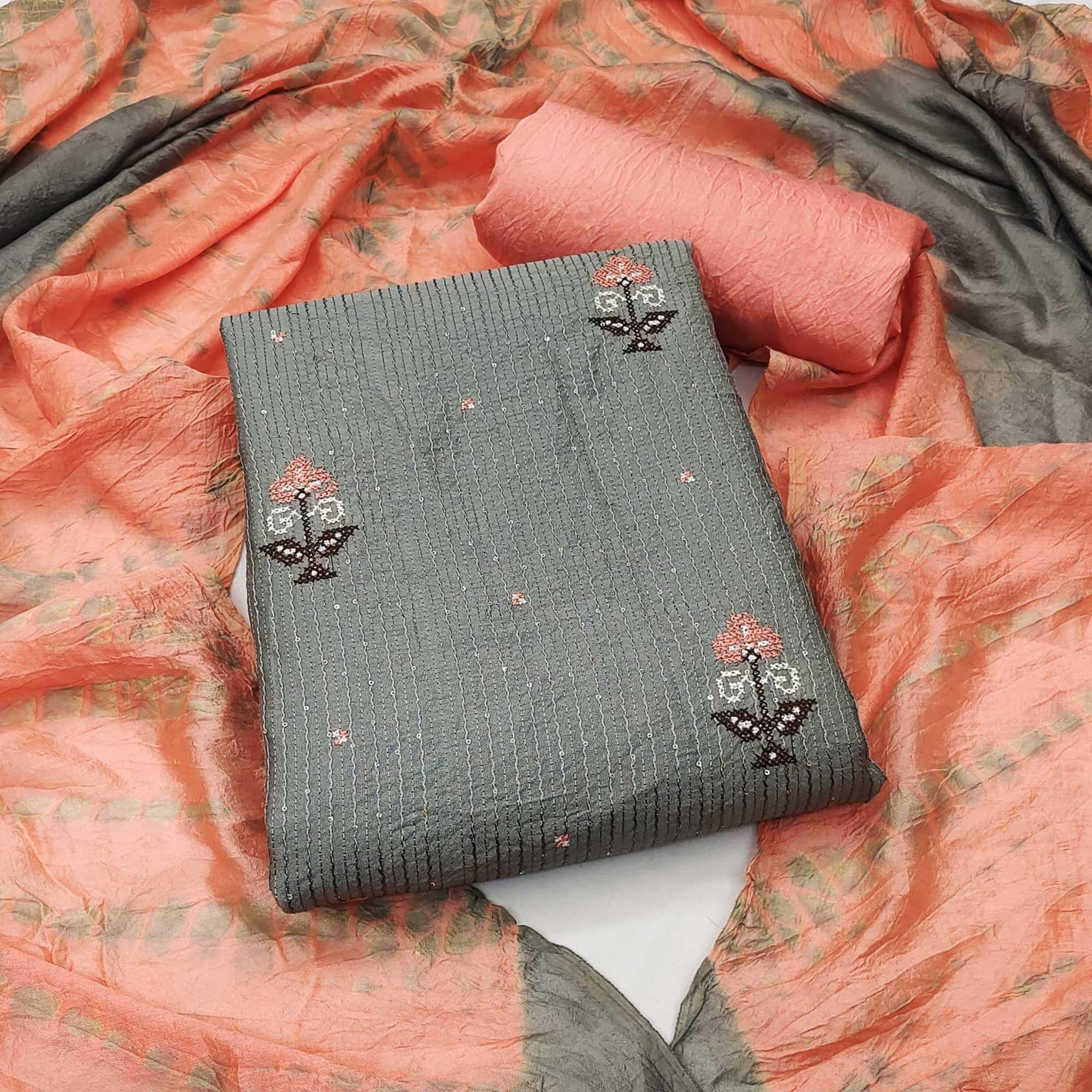 Grey Sequins Embroidered Chanderi Dress Material