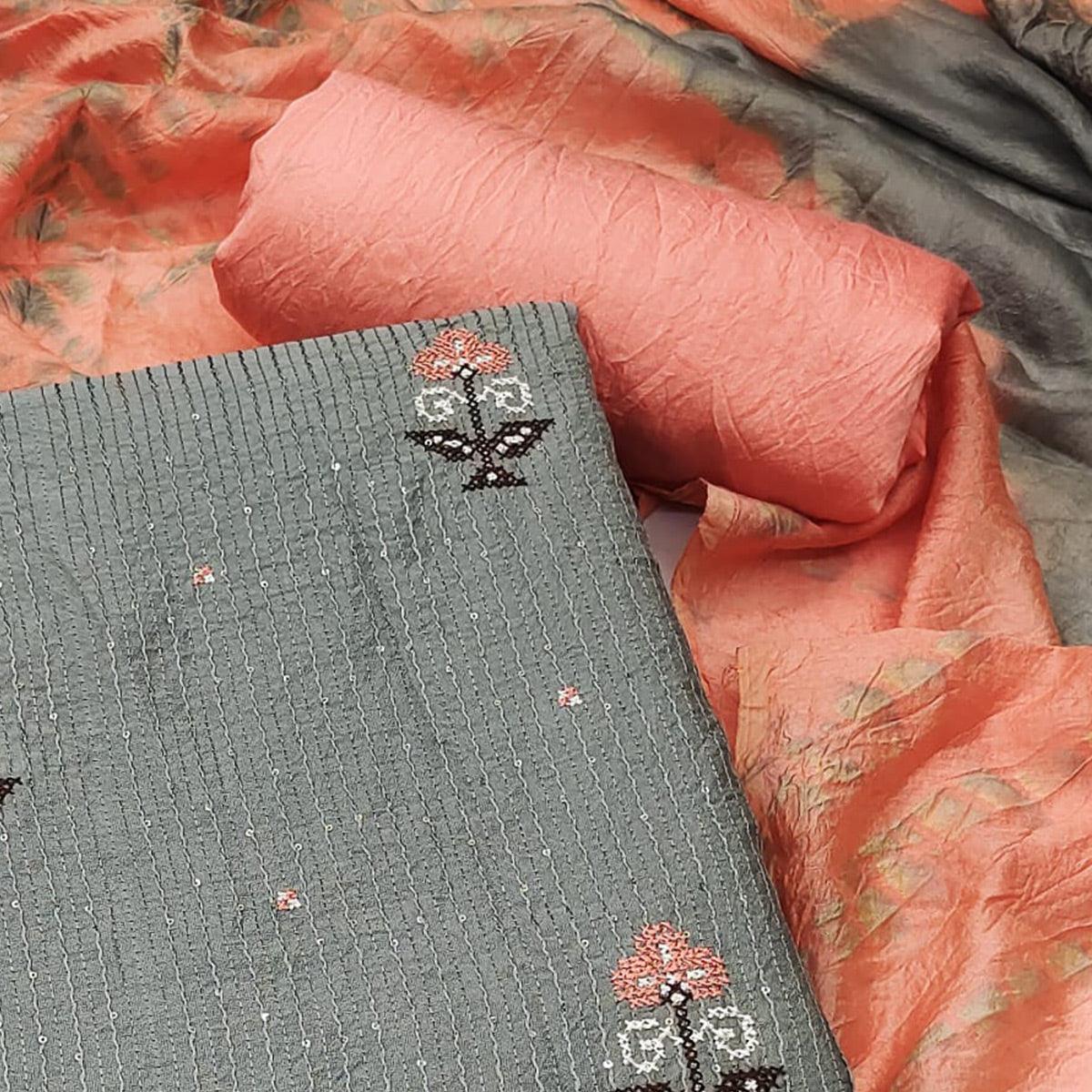 Grey Sequins Embroidered Chanderi Dress Material