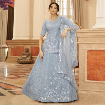 Grey Sequins Embroidered Chiffon Lehenga Choli
