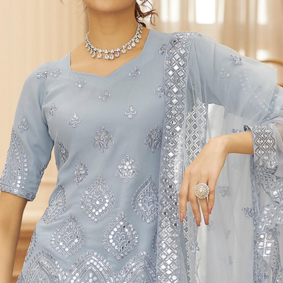 Grey Sequins Embroidered Chiffon Lehenga Choli