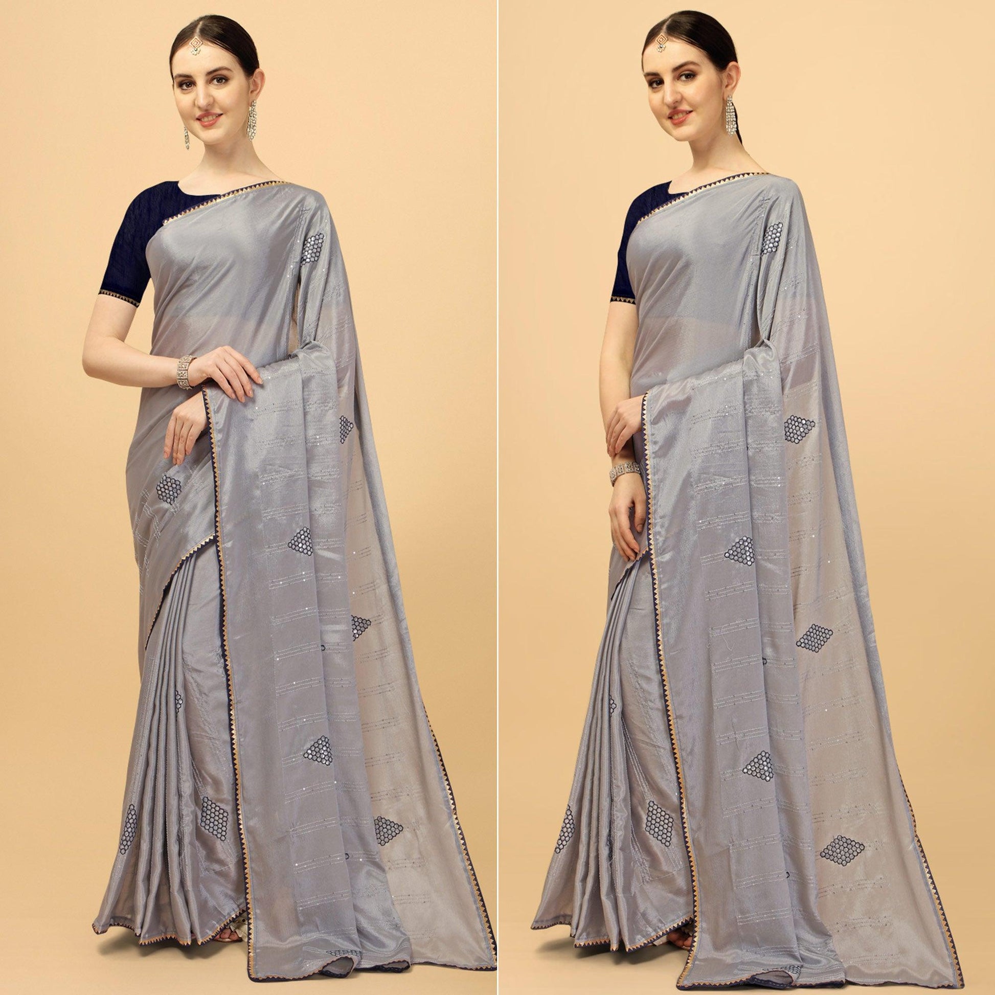 Grey Sequins Embroidered Chiffon Saree
