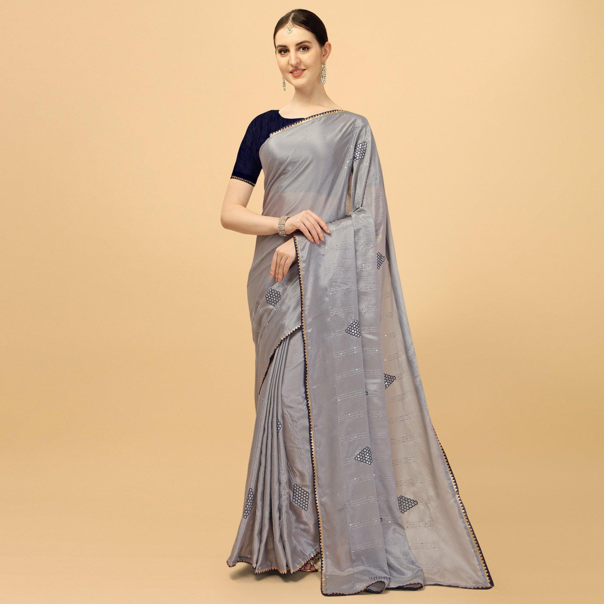 Grey Sequins Embroidered Chiffon Saree